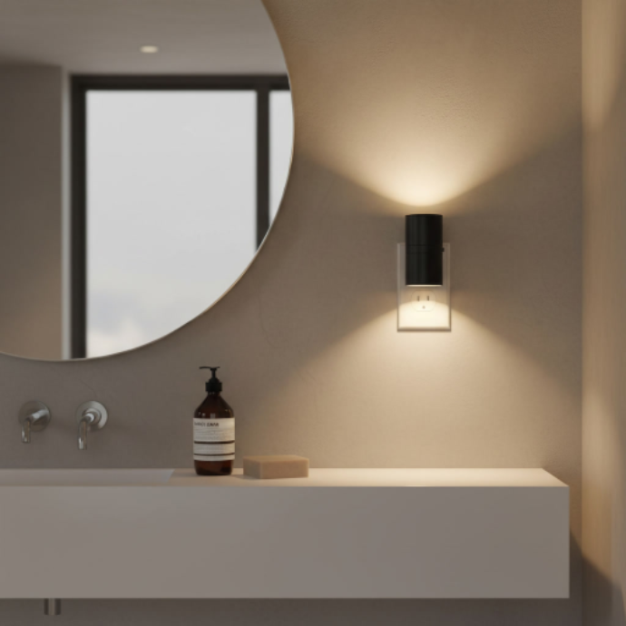 Modern wall sconce lighting mounted beside a round mirror in a contemporary bathroom.